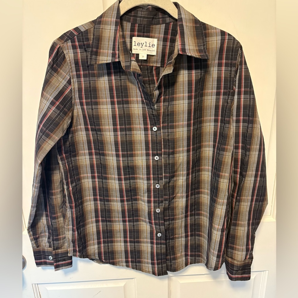 Leylie Los Angeles cotton gray plaid shirt button down top wines size s small
